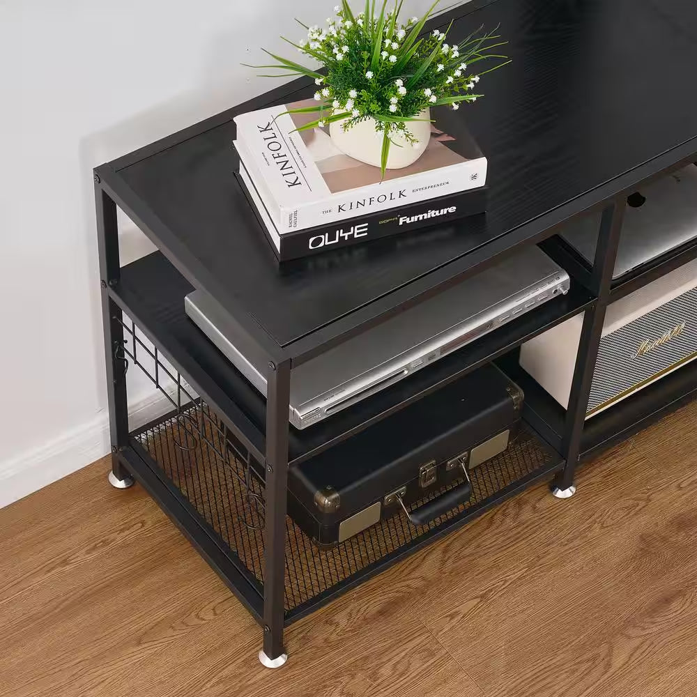 TV Stand with Adjustable TV Mount Industrial Wood and Metal TV Console Table, Black for 75 In. TV W Entertainment Center