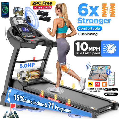 4.5HP Folding Treadmill for Home with 15 Auto Incline, Smart APP, 300Lbs, Hifi Bluetooth Speakers, 64 Programs, 10MPH Speed, Foldable Eletreadmill Running Machine, Knee Strap Gift