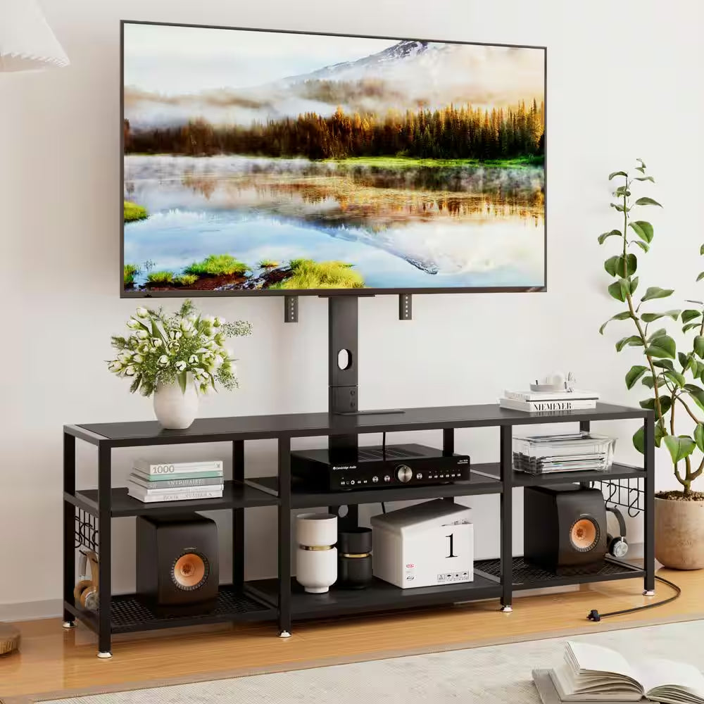 TV Stand with Adjustable TV Mount Industrial Wood and Metal TV Console Table, Black for 75 In. TV W Entertainment Center