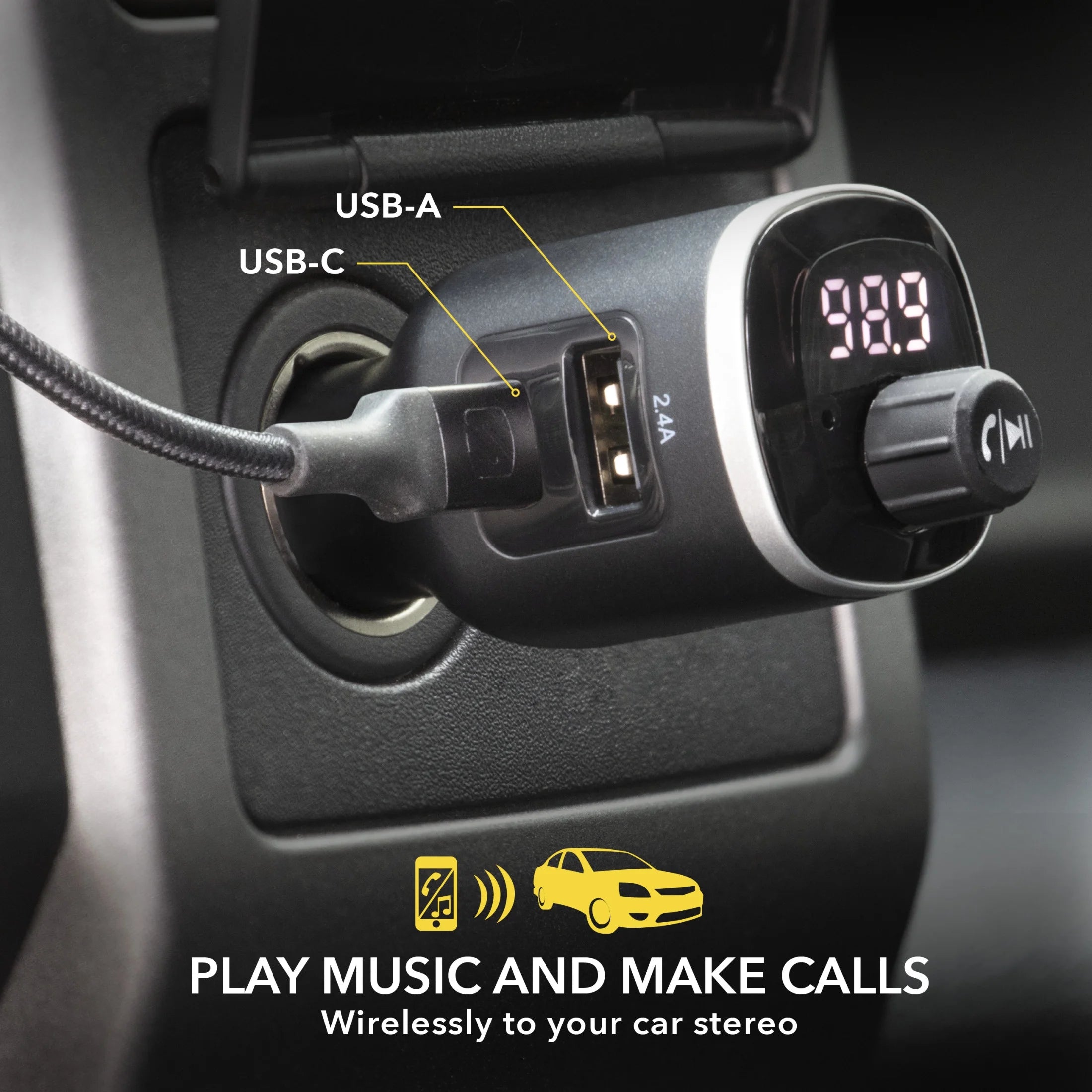 BTFM8-SP Bluetooth FM Transmitter Dual 12W USB-C and USB-A Charging Ports Black