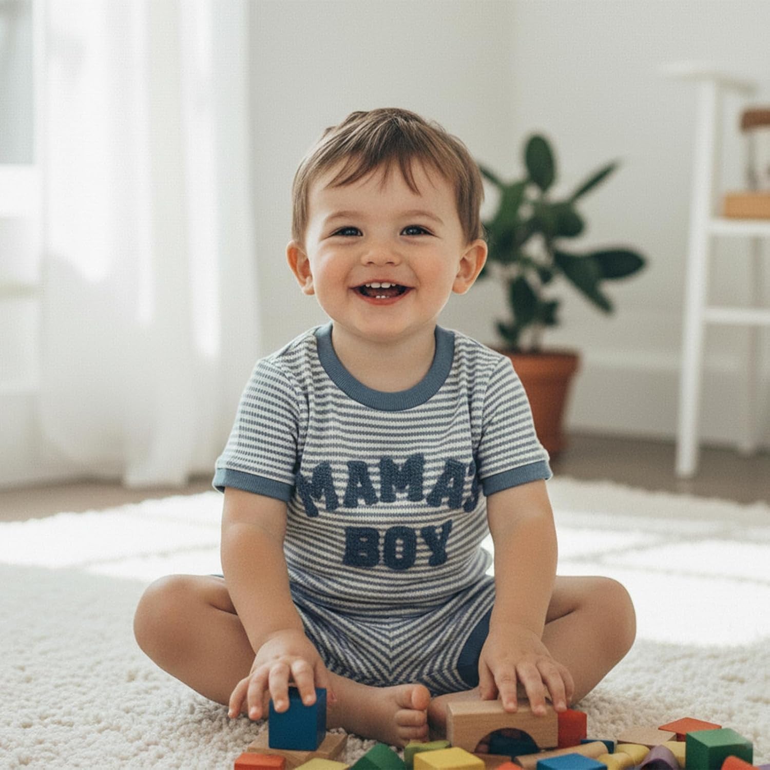 Baby Boy Summer Clothes Mamas Boy Embroidered Waffle Knit Short Sleeve T-Shirt Shorts Set Toddler Striped Outfit