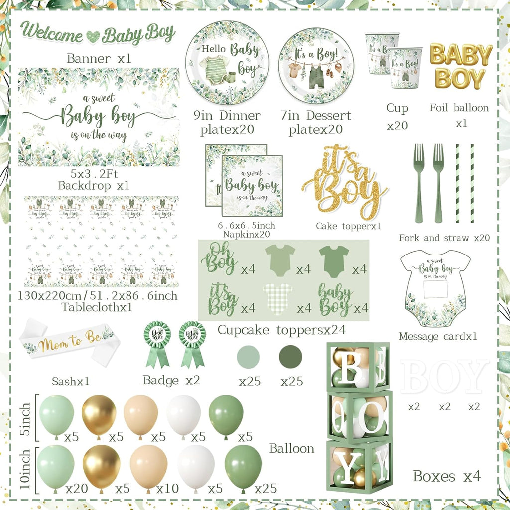 Baby Boy Shower Decorations,267Pcs Baby Shower Decorations Green Plates and Napkins Cups Banner Backdrop Tablecloth Cake Topper Balloon for Sweet Baby Boy Baby Shower Decorations