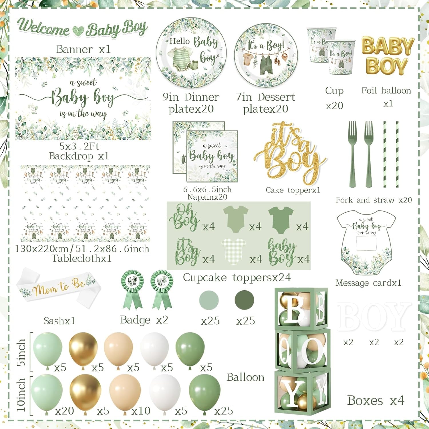 Baby Boy Shower Decorations,267Pcs Baby Shower Decorations Green Plates and Napkins Cups Banner Backdrop Tablecloth Cake Topper Balloon for Sweet Baby Boy Baby Shower Decorations