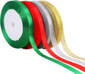 4 Rolls 100 Yards Christmas Ribbons Metallic Glitter Fabric Holiday Festival Satin Ribbons 10Mm Wide for Gift Wrapping Decoration