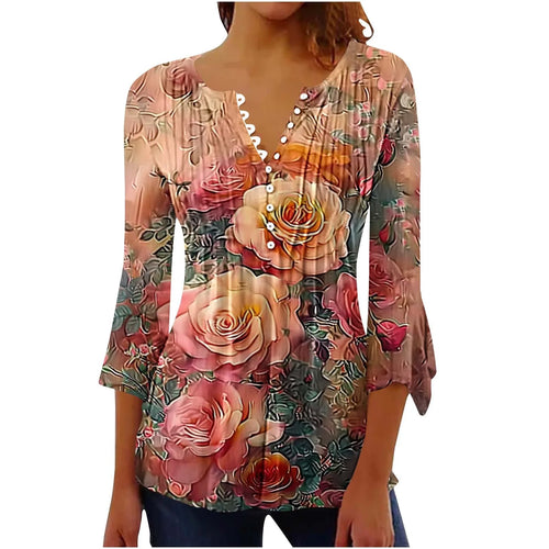 3/4 Length Sleeve Womens Tops Button down V Neck T Shirts Floral Summer Tunic Ladies Tops Elegant Dressy Casual Blouses Fashion Vacation Tee Shirts Ropa Mujer