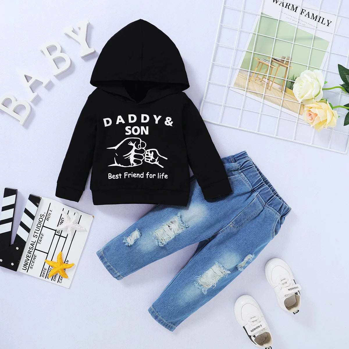 4T Baby Boy Clothes Baby Boy Outfits Hooded Long Sleeve Letter Print Tops Ripped Jeans Pants Set 5T Baby Boy Fall Clothes Black