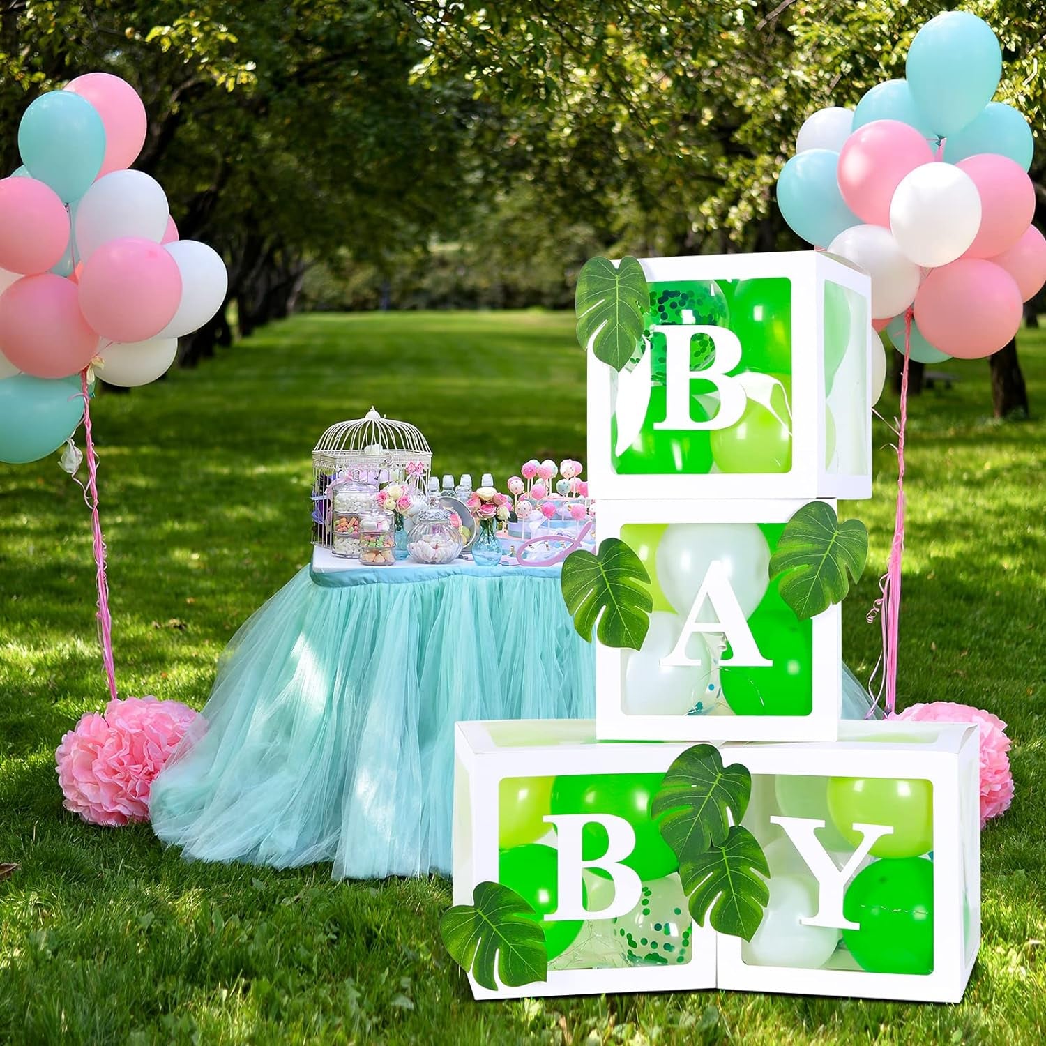 64PCS Sage Green Baby Shower Boxes Decoration with 4 LED String Lights, 50 Balloons,4 BABY Letters, Gold Aluminum Balloon,10 Green Leaves, Baby Shower Blocks for Baby Shower, Gender Reveal Decorations
