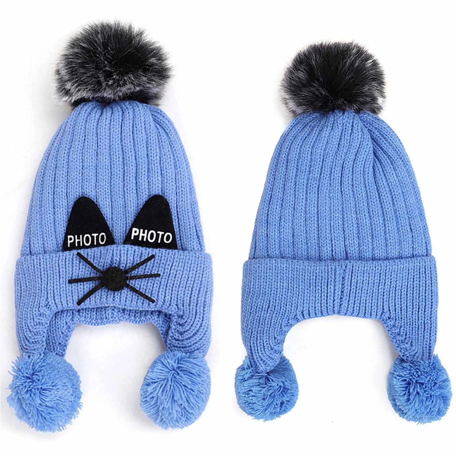 Winter Girls Boys Kids Winter Beanie Hat Warm Knit Thick Ski Cap with Fluff Ball Ear Cap