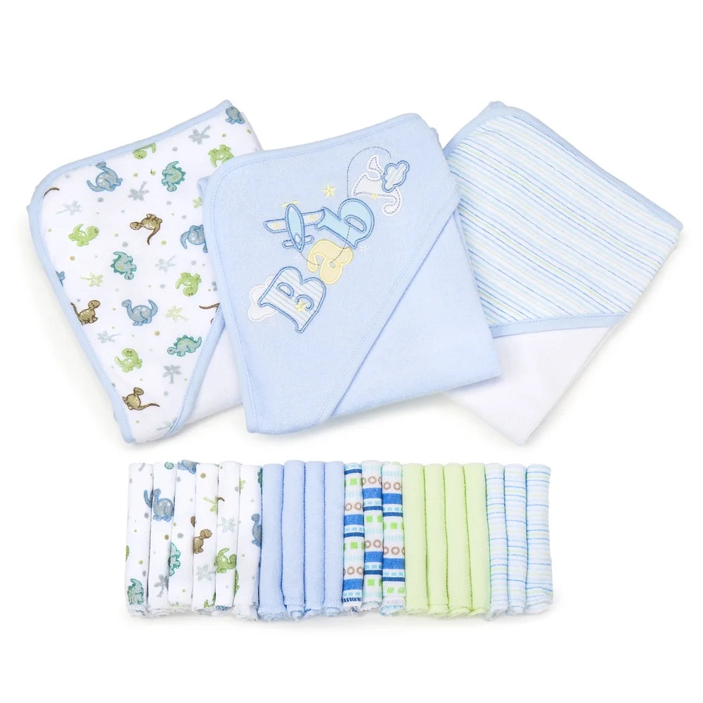 Bath Hooded Towels & Washcloths Set for Babies, 23-Piece Gift Set, Blue Baby