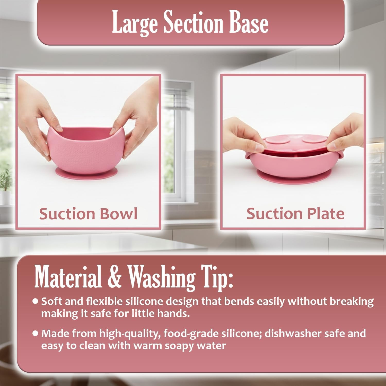 Baby Feeding Set, Silicone Baby Feeding Set with Suction Bowls, Divided Plates, Adjustable Bib, Baby Utensils Spoons, Forks & Cup Complete Baby Eating & Weaning Essentials (Pink)