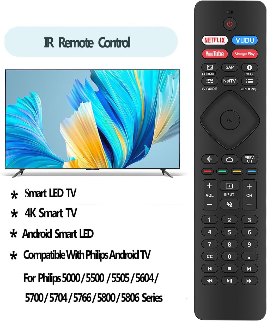 Replacement for Philips TV Remote Control, Compatible with All Philips Android LED/LCD/HDTV/UHD Smart Tvs (NH800UP)
