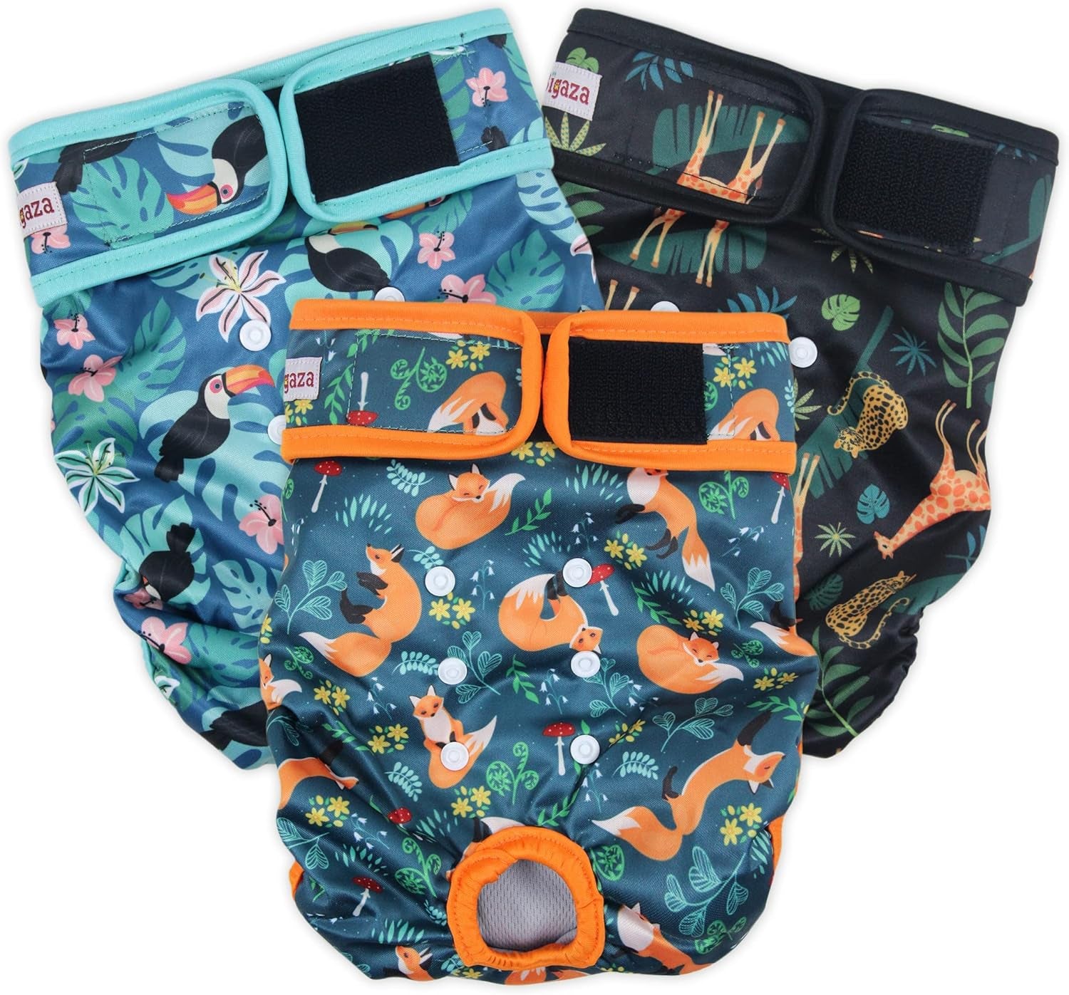 Washable Dog Diapers (3 Pack), Reusable Dog Diapers for Doggie Heat Period, Reusable Doggie Diaper for Female Dogs (Giraffe, Tucan, Fox, Xx-Large)