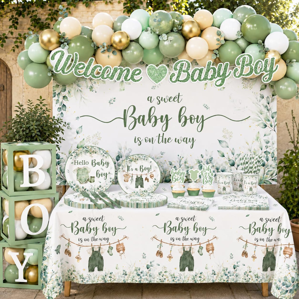 Baby Boy Shower Decorations,267Pcs Baby Shower Decorations Green Plates and Napkins Cups Banner Backdrop Tablecloth Cake Topper Balloon for Sweet Baby Boy Baby Shower Decorations