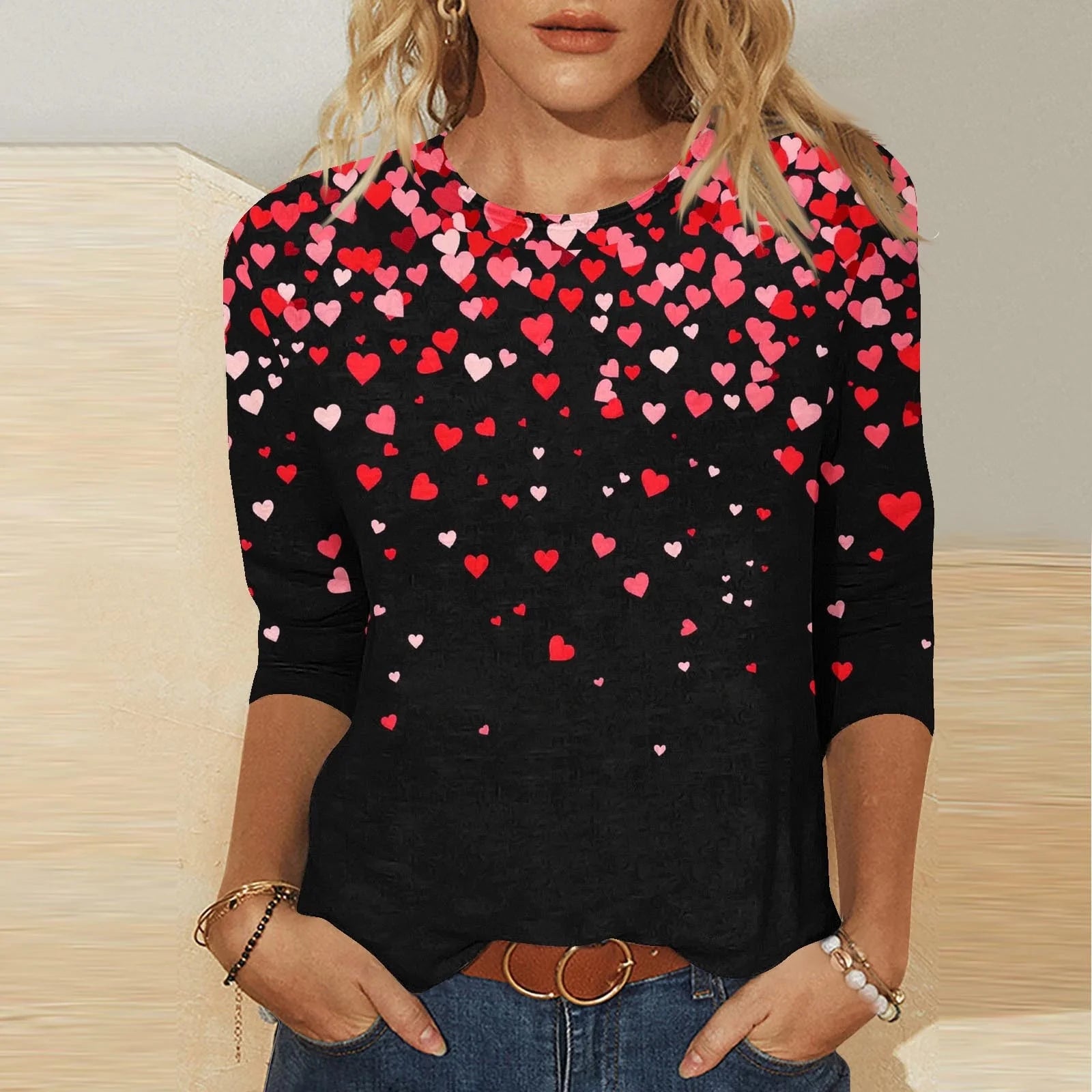 Womens Valentines Day Tops Romantic Three-Quarter Sleeve Shirts Casual round Neck Love Graphic Gift for Wife Tops