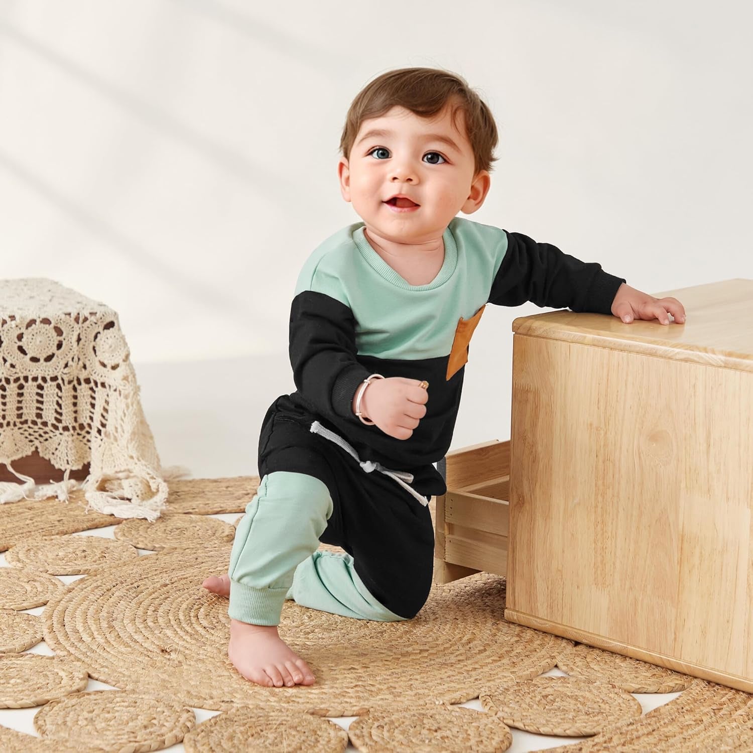 Toddler Baby Boy Fall Winter Clothes Color Block Long Sleeve Sweatshirt Pullover Tops + Joggers Pants Outfit Set