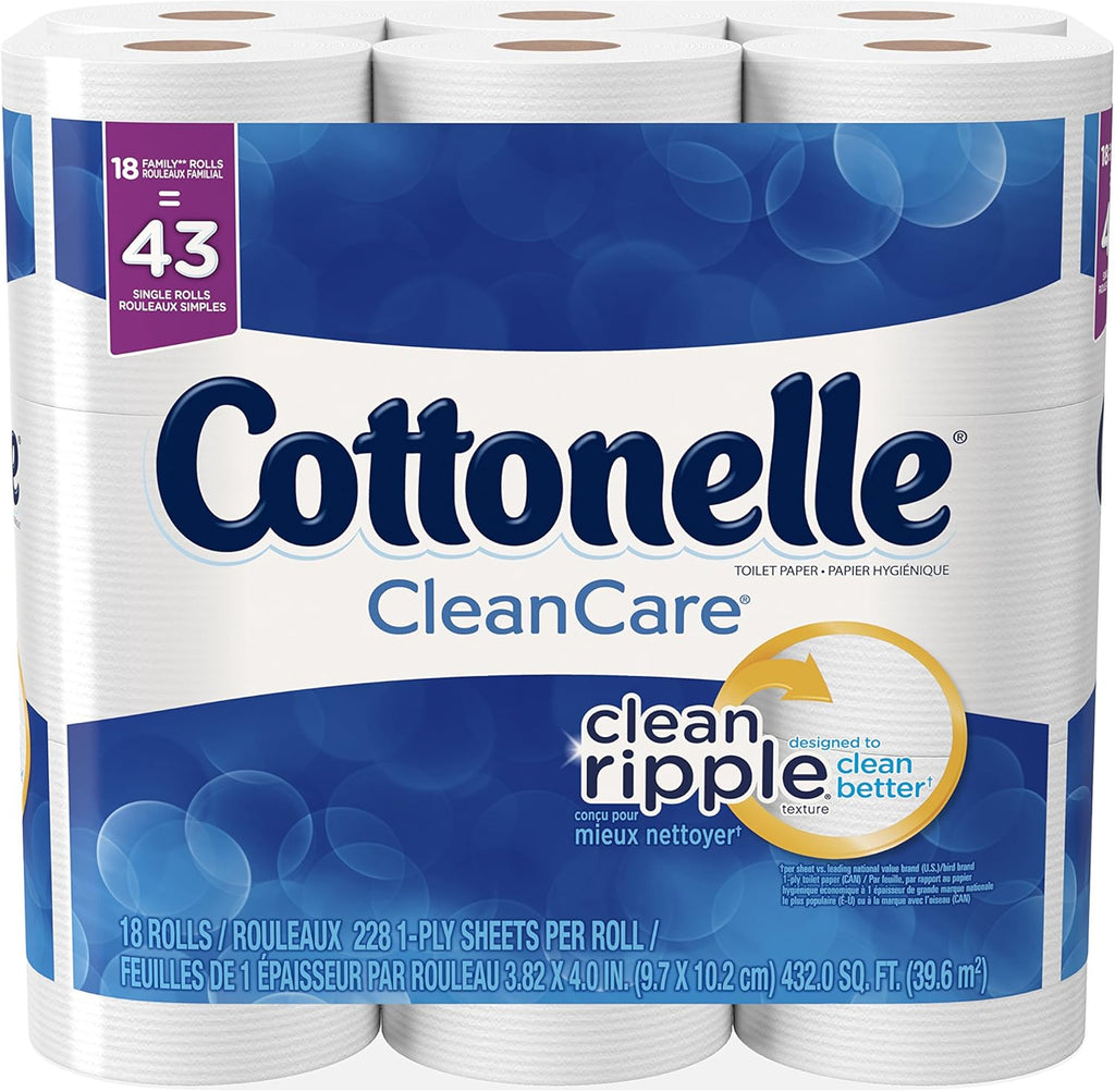 Cottonelle Cleancare Family Roll + Toilet Paper, Bath Tissue, 18 Toilet Paper Rolls