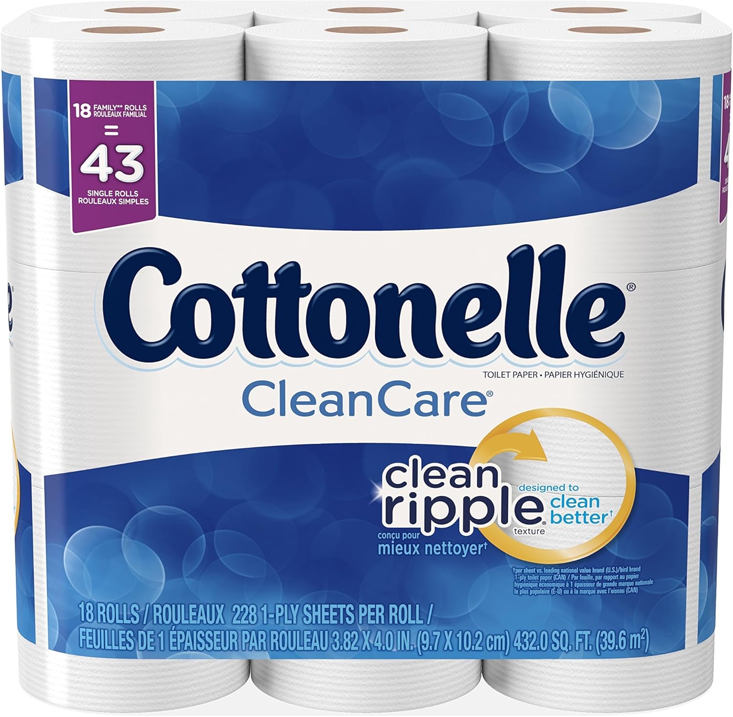 Cottonelle Cleancare Family Roll + Toilet Paper, Bath Tissue, 18 Toilet Paper Rolls