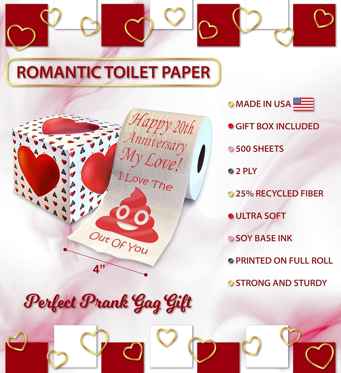 Printed TP Happy 20Th Anniversary My Love Toilet Paper Gift - Funny Gift for Husband, Wife, Boyfriend, Girlfriend, Cute Couples Joke Prank for Wedding Anniversary - 500 Sheets