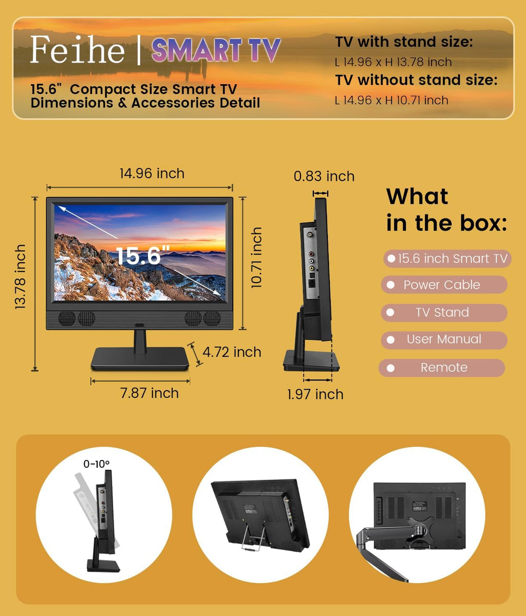 15.6 Inch Small Smart TV - Full HD 1080P Compact Flat Screen Smart Television with Wi/Fi, Bluetooth, Voice Remote for Kitchen, Bedroom, RV