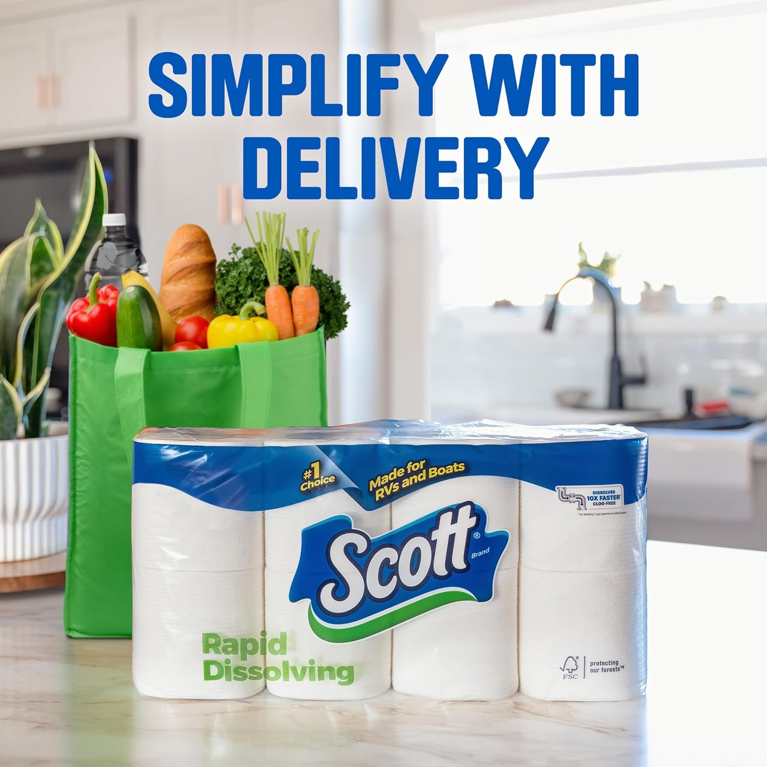 Scott Rapid-Dissolving Toilet Paper, 48 Double Rolls (6 Packs of 8), Septic-Safe, Toilet Paper