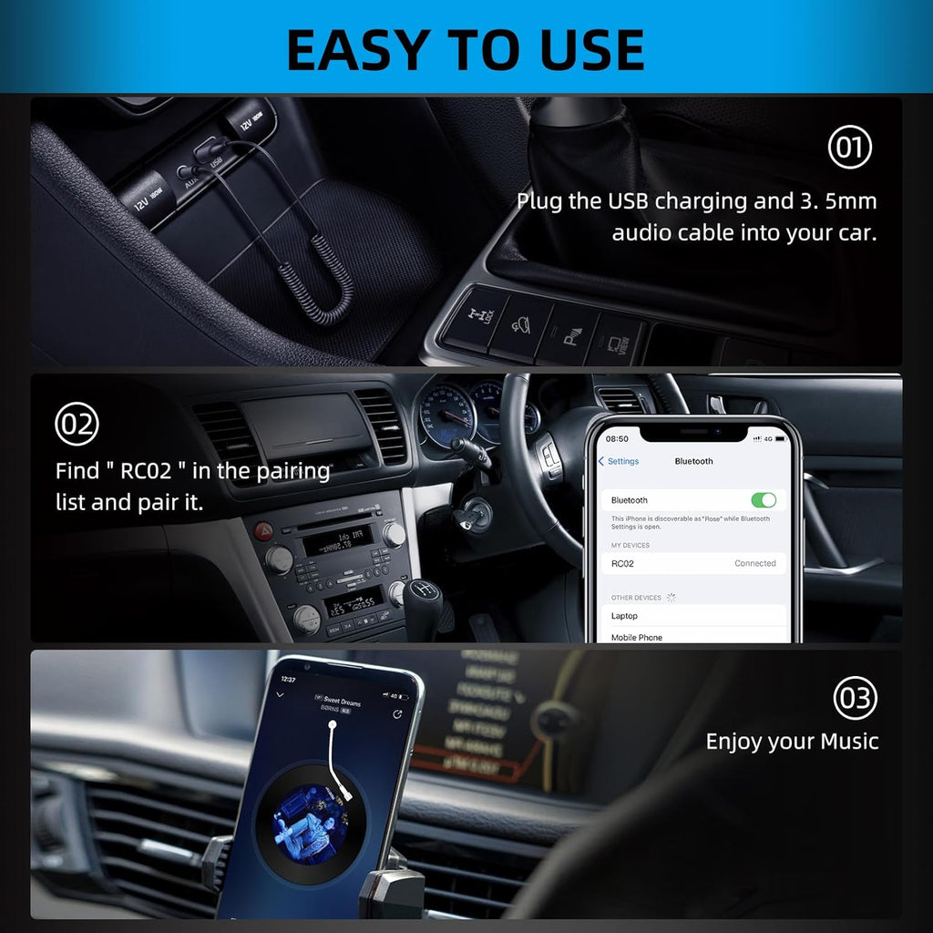 Bluetooth Aux Adapter for Car, USB Bluetooth 5.2 Receiver, 3.5Mm Bluetooth Adapter with Microphone for Music Streaming and Hands-Free Calling for Car Stereo and Home Speakers