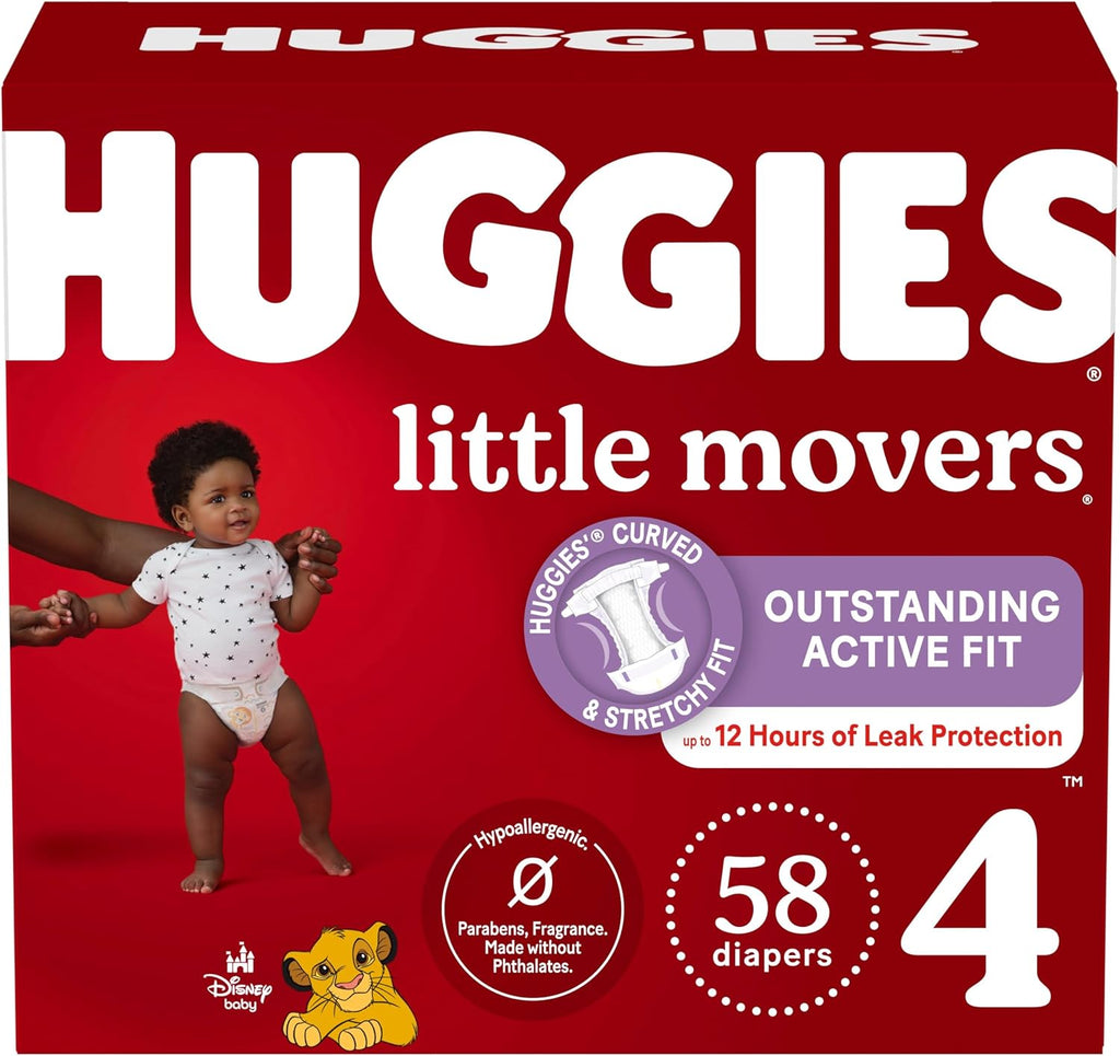 Huggies Size 4 Diapers, Little Movers Baby Diapers, Size 4 (22-37 Lbs), 58 Count