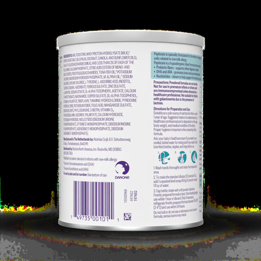 Pepticate Baby Formula, Hypoallergenic Powdered Infant Formula for Cow Milk Allergy, with Omega 3 DHA, ARA, Iron & Prebiotics, 13.2Oz