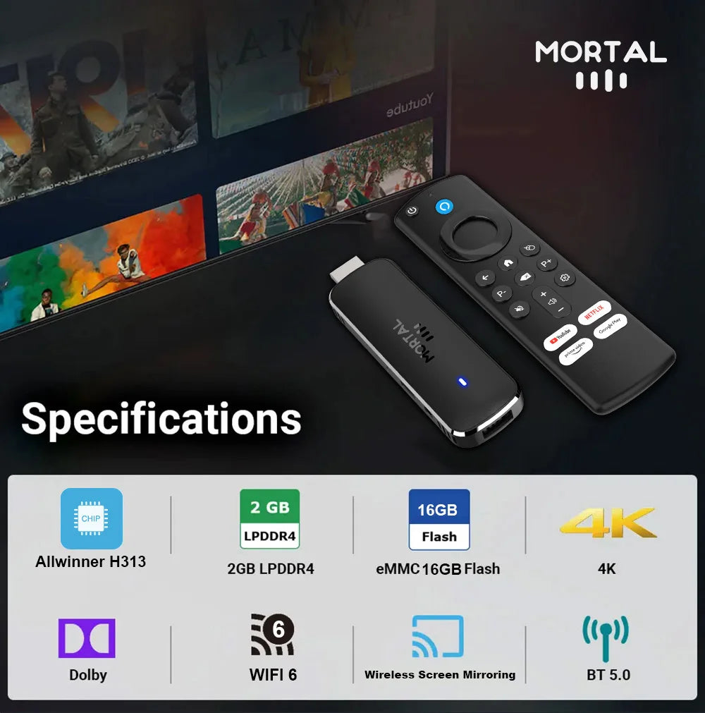 Mortal Android 14 TV Stick Full HD 4K 1080P Wifi 6 Google Voice NETFLIX Youtube Q8 BT5 24Fps Wireless Video Decode Media Player