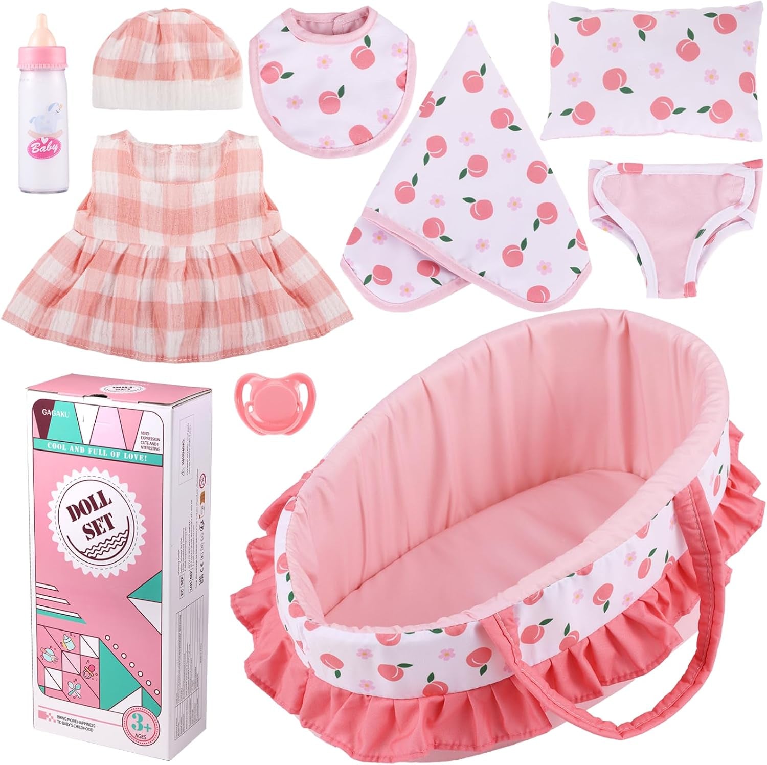 Baby Doll Bassinet Carrier, 12 Inch Baby Doll Accessories Set, Baby Doll Carrier Accessories for 12 Inch Baby Dolls, Including Magic Baby Bottle, Bib, Pacifier, Diaper