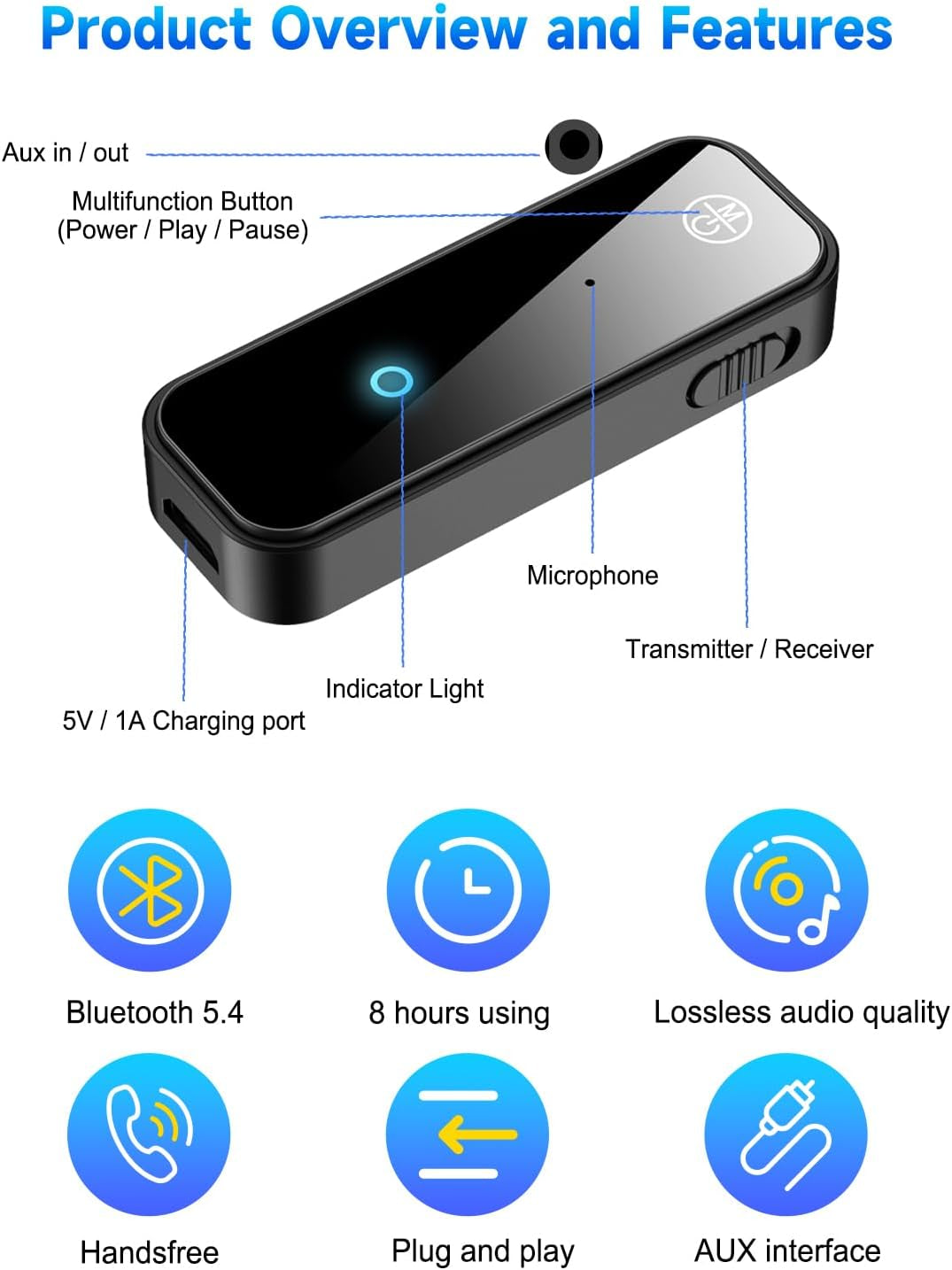 Upgraded Aux Bluetooth 5.4 Adapter for Car, 2 in 1 Bluetooth Audio Transmitter and Receiver 3.5Mm Jack RCA Wireless Dongle Stereo System for TV, PC, Headphone, Home, Speaker, Amplifier, Handsfree Call