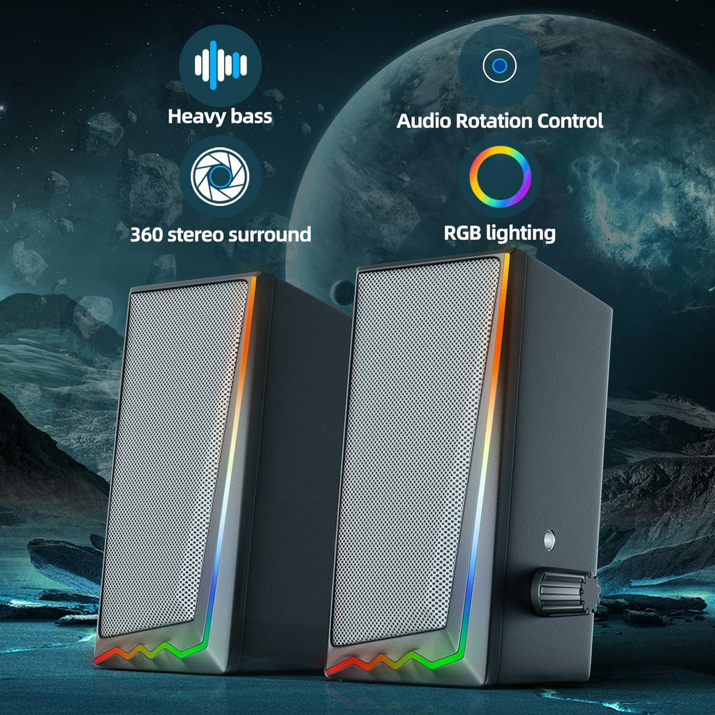 Computer Speakers, Desktop Speakers with Various Colorful LED, Gaming Speakers with Volume Control,For PC, AC Adapter Powered and 3.5Mm Aux-In Computer Speakers