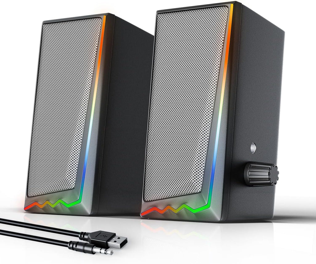 Computer Speakers, Desktop Speakers with Various Colorful LED, Gaming Speakers with Volume Control,For PC, AC Adapter Powered and 3.5Mm Aux-In Computer Speakers