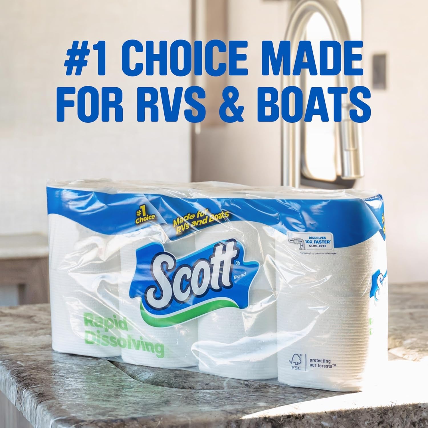 Scott Rapid-Dissolving Toilet Paper, 48 Double Rolls (6 Packs of 8), Septic-Safe, Toilet Paper