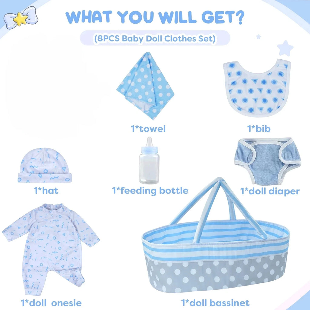 Reborn Baby Accessories with Soft Cloth Body for 17-22 in Doll - 8Pc Clothes Outfit Set for Boys