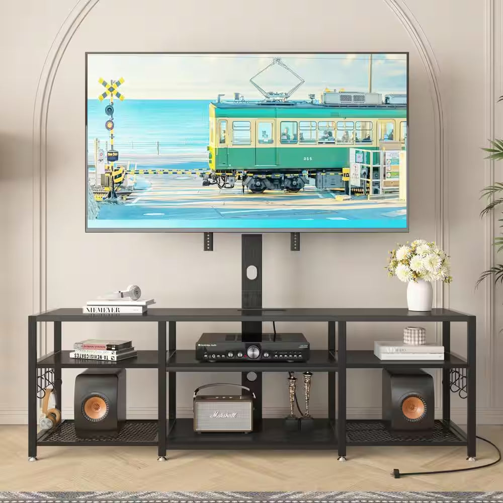 TV Stand with Adjustable TV Mount Industrial Wood and Metal TV Console Table, Black for 75 In. TV W Entertainment Center