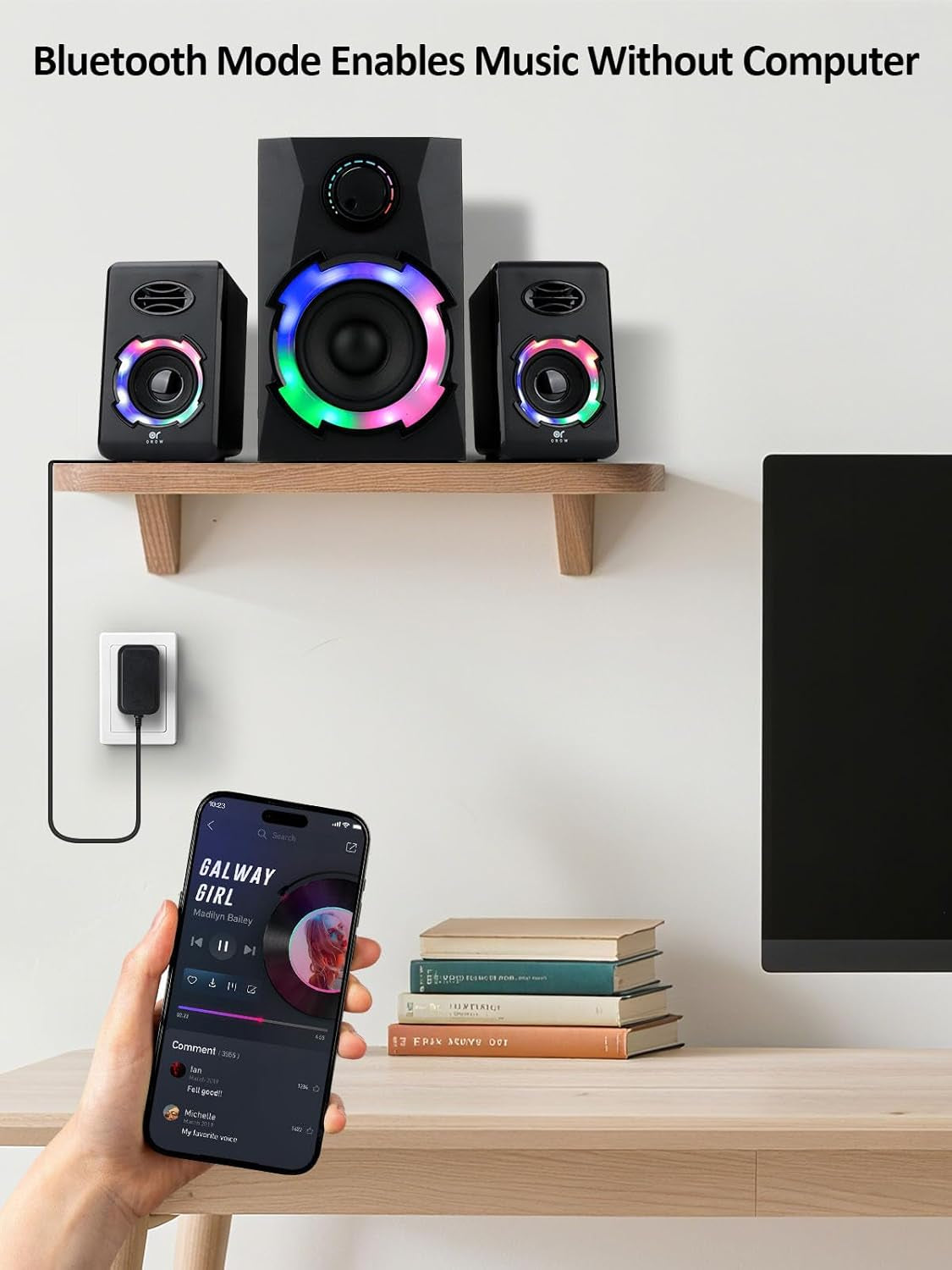 OROW Computer Speakers,40W PC Speakers with Subwoofer,Gaming Speakers with Bass,Ac Powered,Support Bluetooth&Sd&Usb Play, 2.1 Multimedia Speakers System with RGB Light (Black)