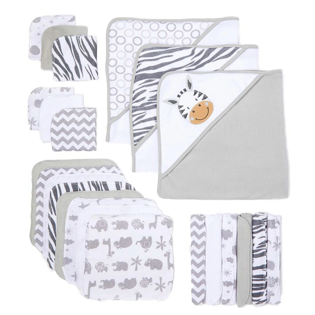 Bath Hooded Towels & Washcloths Set for Babies, 23-Piece Gift Set, Gray Giraffe
