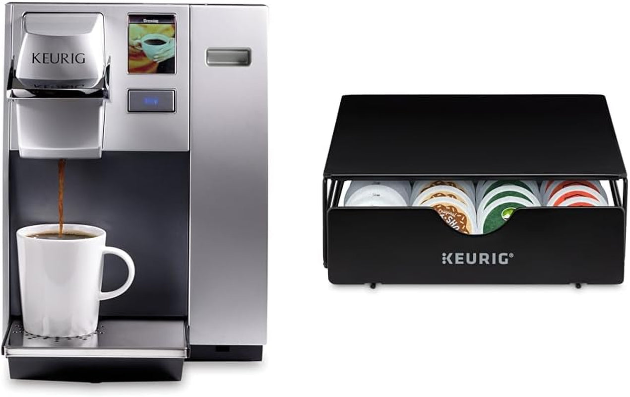 K155 Office Pro Single Cup Commercial K-Cup Pod Coffee Maker, Silver & Slim Non-Rolling Storage Drawer, Coffee Pod Storage, Holds up to 24 K-Cup Pods, Black